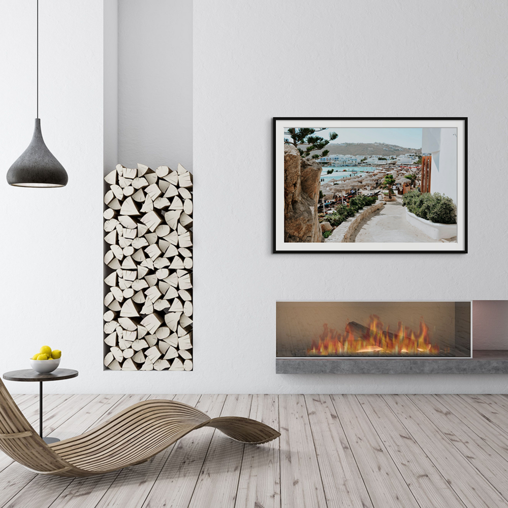 Kalimera Mykonos Greek island wall art framed print styled in a room view 3