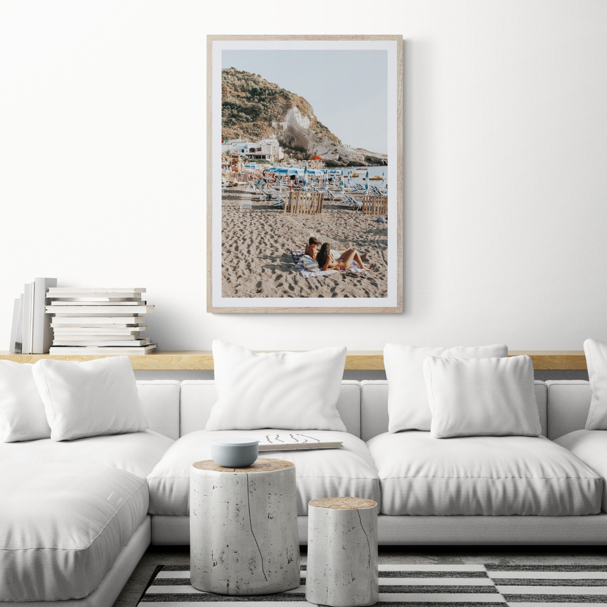 Beach Buddies Ischia beach Mediterranean wall art framed print styled in a room