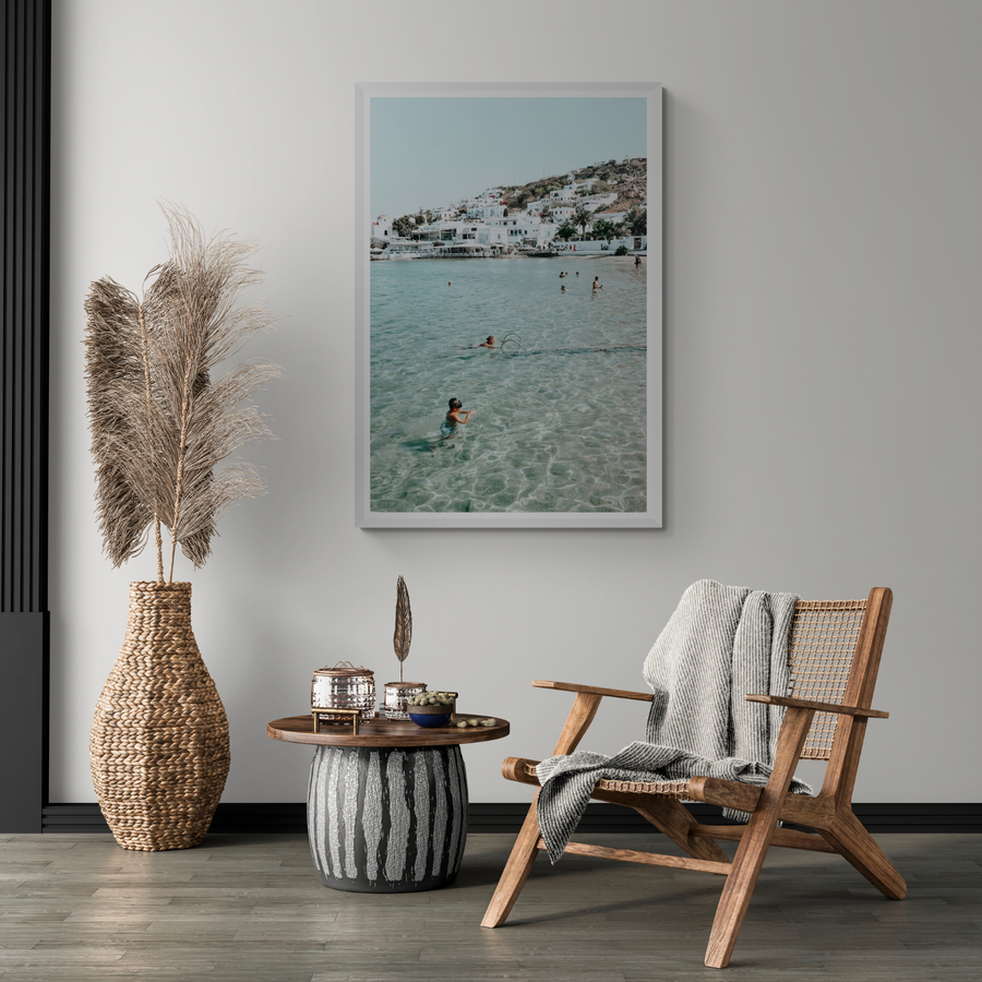 Beside The Seaside Mykonos beach Greek island wall art framed print styled in a room view 2