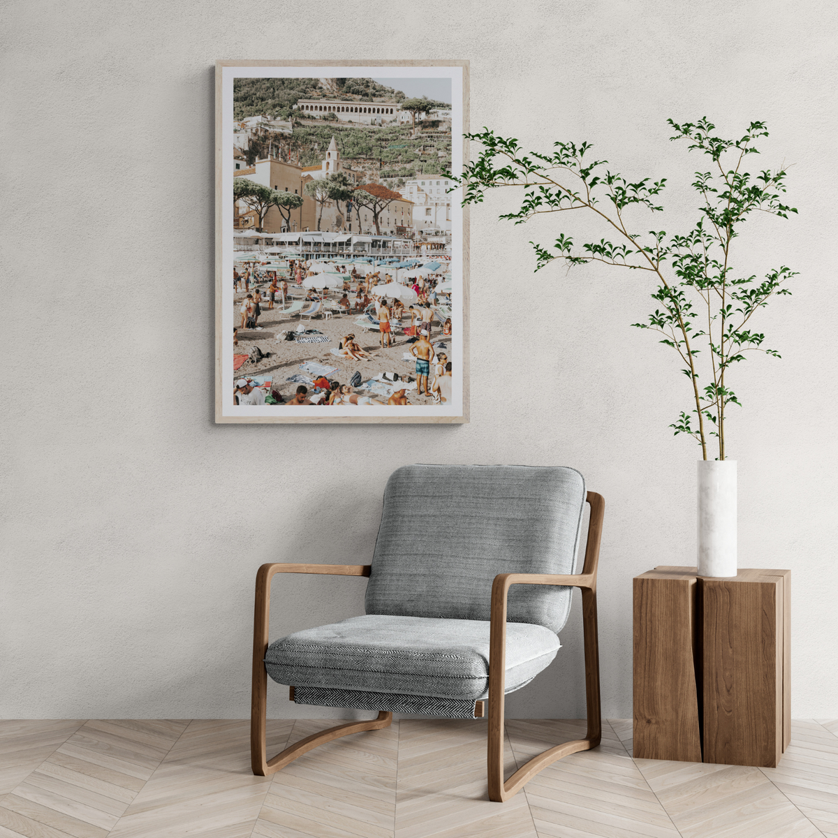 Festa In Spiaggia Amalfi coastal wall art framed print styled in a room view 2