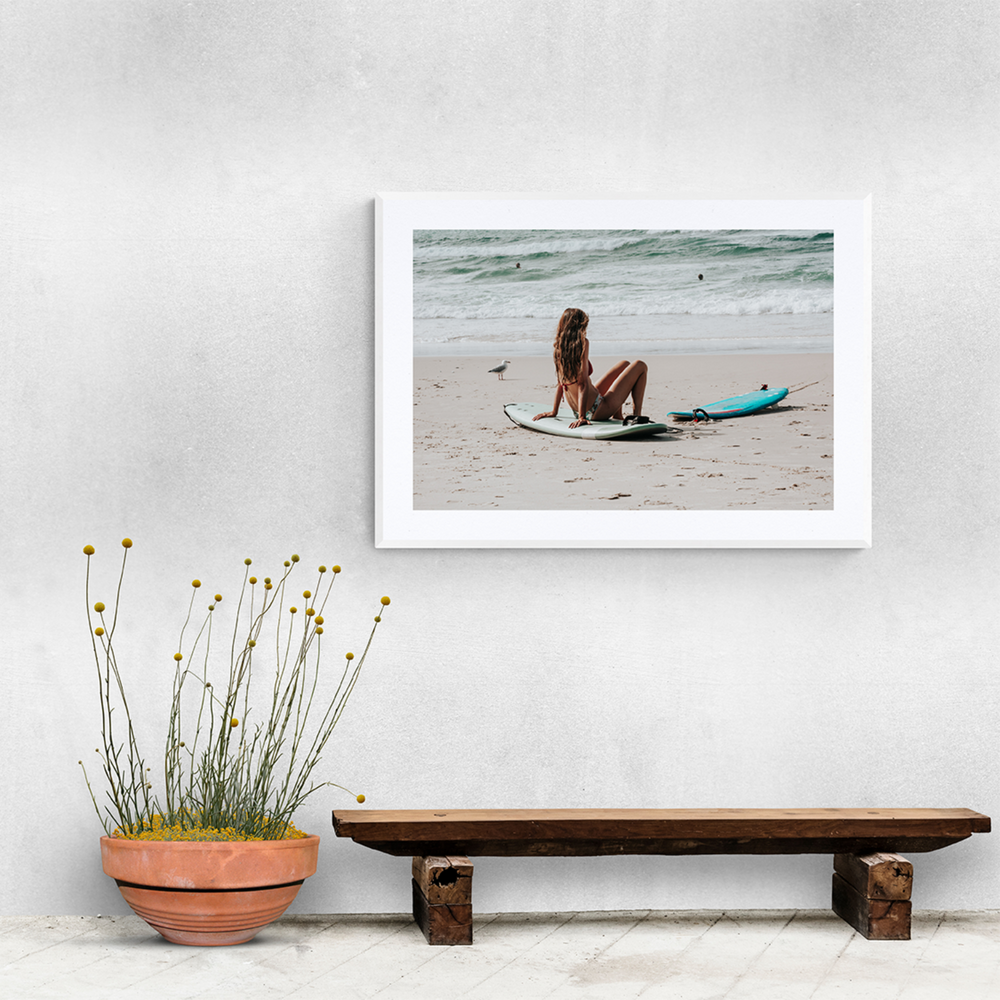 Ciao Bella Byron Bay Surf coastal wall art framed print styled in a room view 3