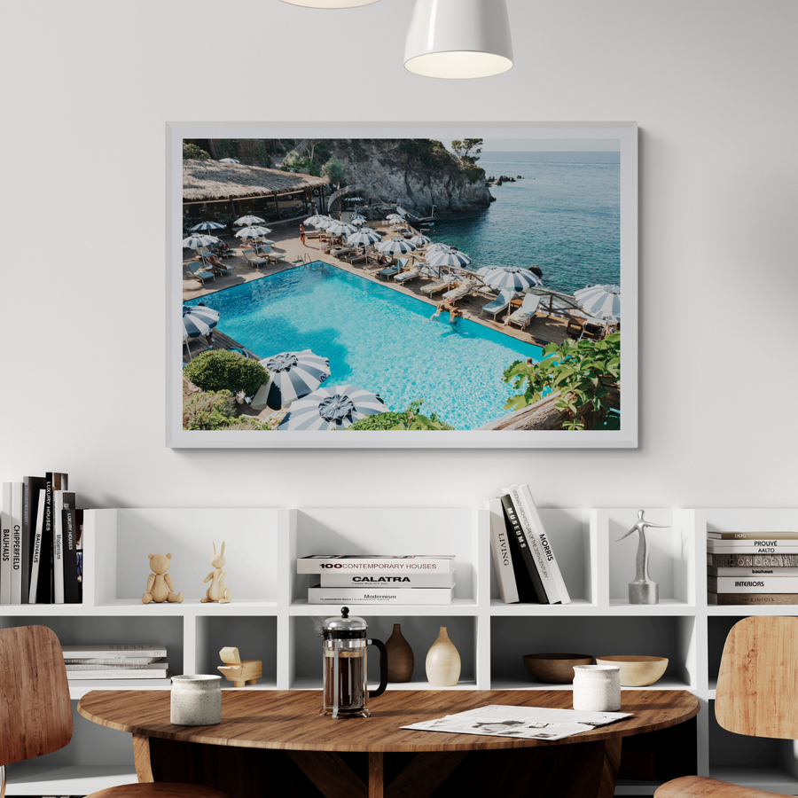 Oceanview Ischia Italian coastal wall art framed print styled in a room