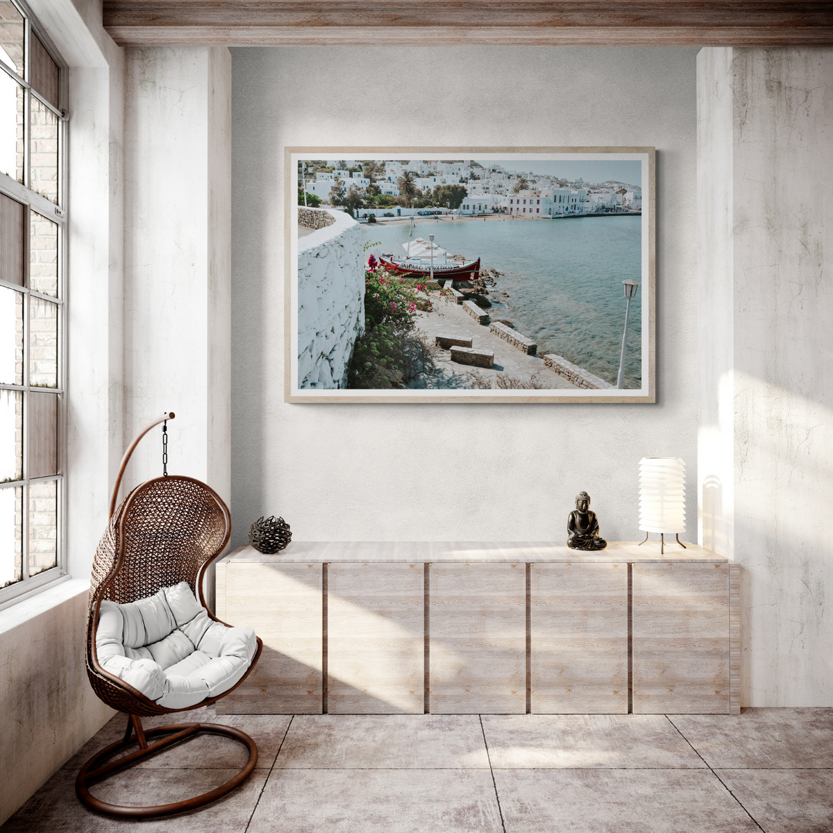 Harika Mykonos Greek island wall art framed print styled in a room view 3