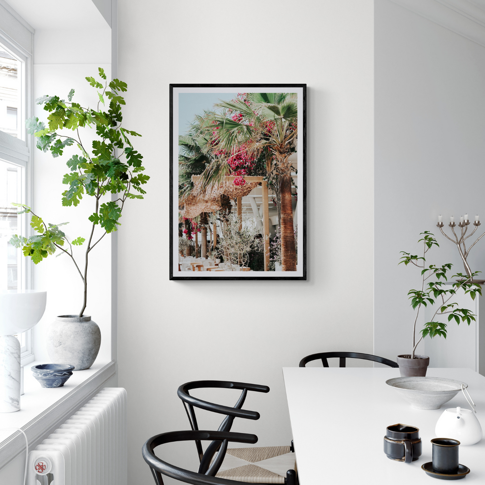 Palm Trees Mykonos Greek island wall art framed print styled in a room view 3