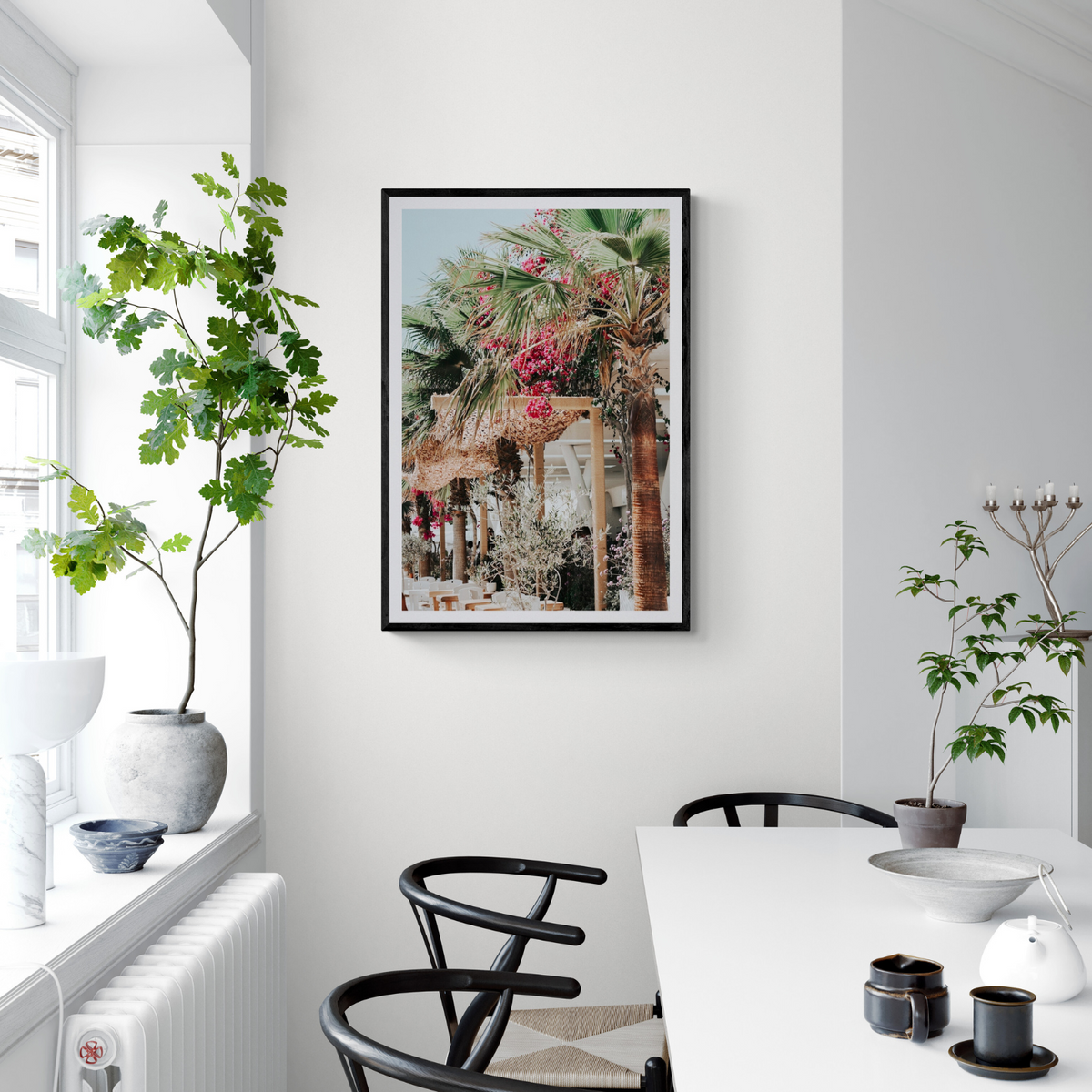 Palm Trees Mykonos Greek island wall art framed print styled in a room view 3