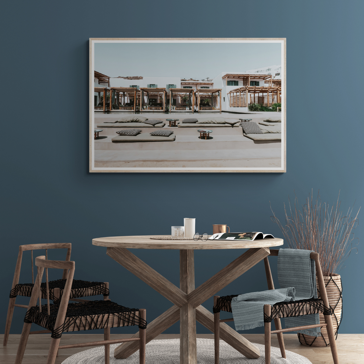 Platis Gialos Mykonos beach Greek island wall art framed print styled in a room view 2