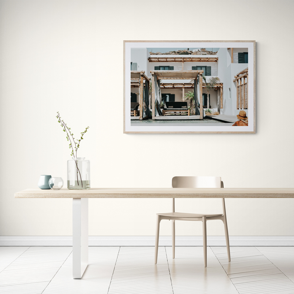 Dream Villa Mykonos Greek island wall art framed print styled in a room view 3