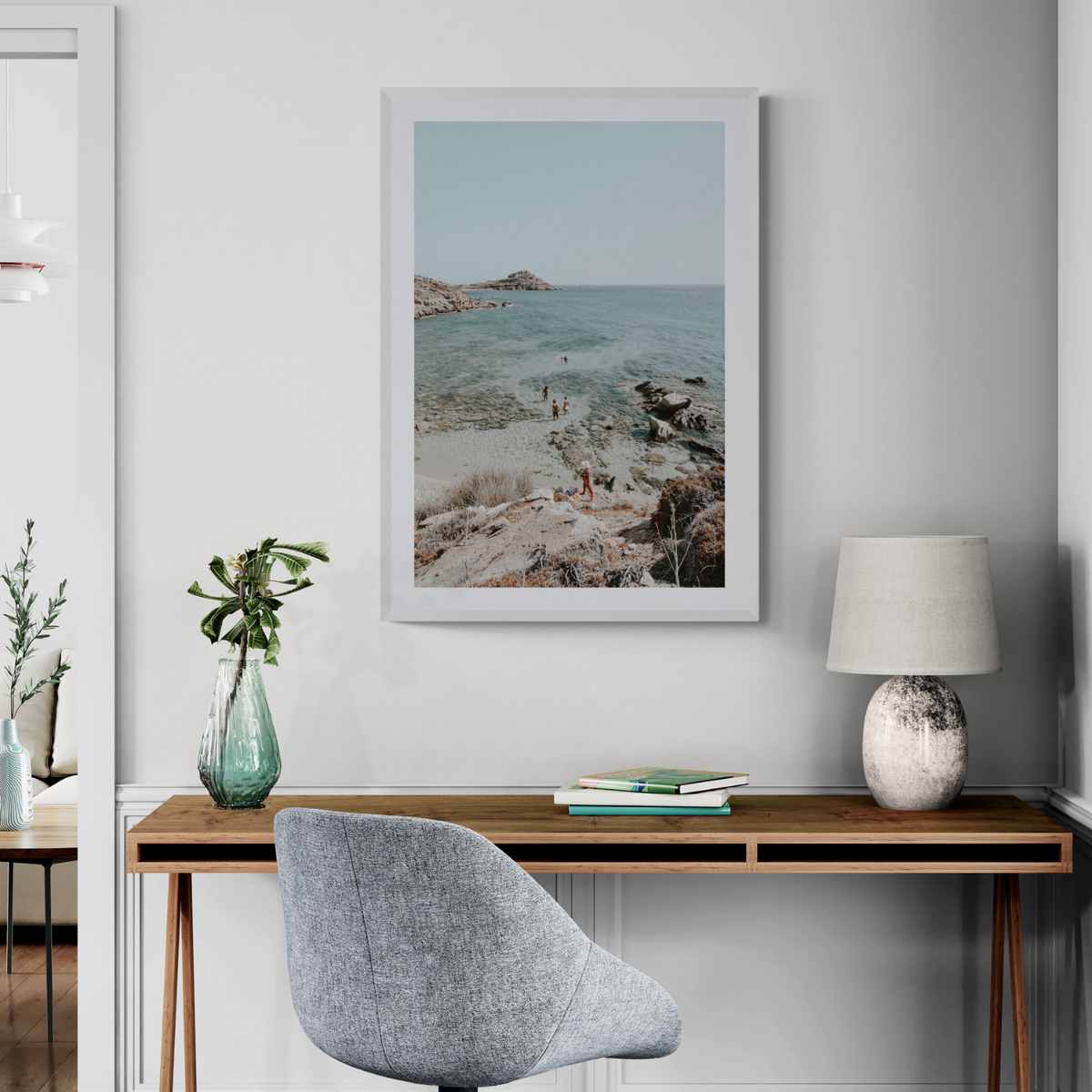 Explorers Mykonos Greek island wall art framed print styled in a room view 2