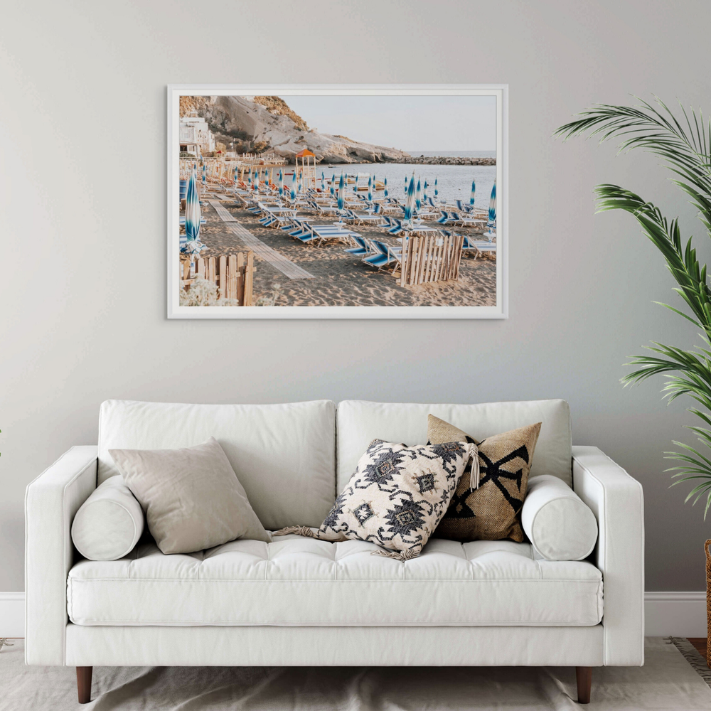 Sandy Daydreams Ischia beach coastal wall art framed print styled in a room view 2