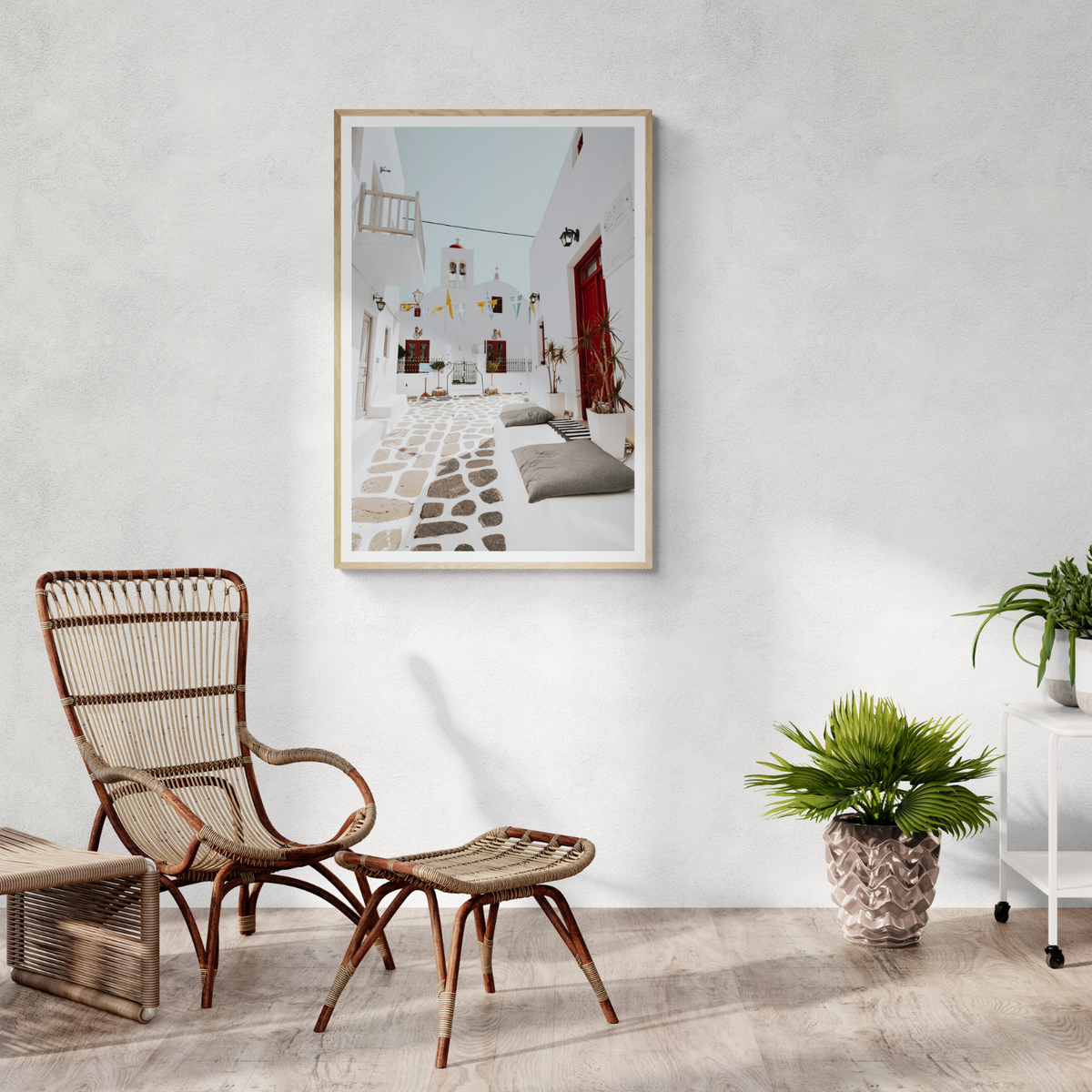 Cycladic Charm Mykonos Greek island wall art framed print styled in a room view 2