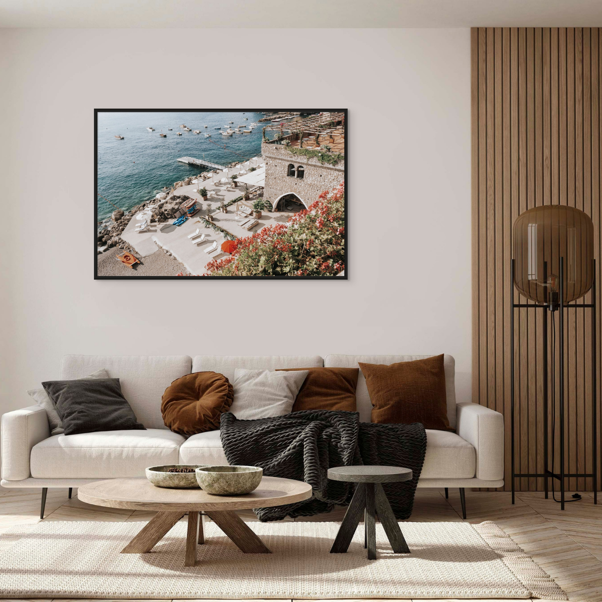 Floral Fortress Amalfi Coast Mediterranean wall art framed print styled in a room view 3
