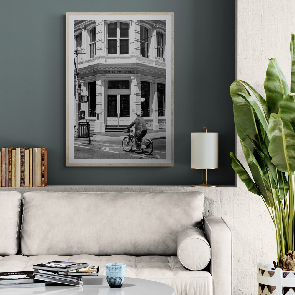 Downtown Rider New York NYC Black & White wall art framed print styled in a room view 3