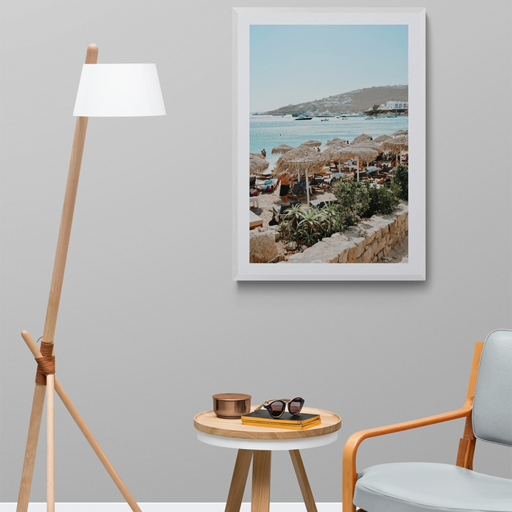 Beachside Huts Mykonos Greek island wall art framed print styled in a room view 2