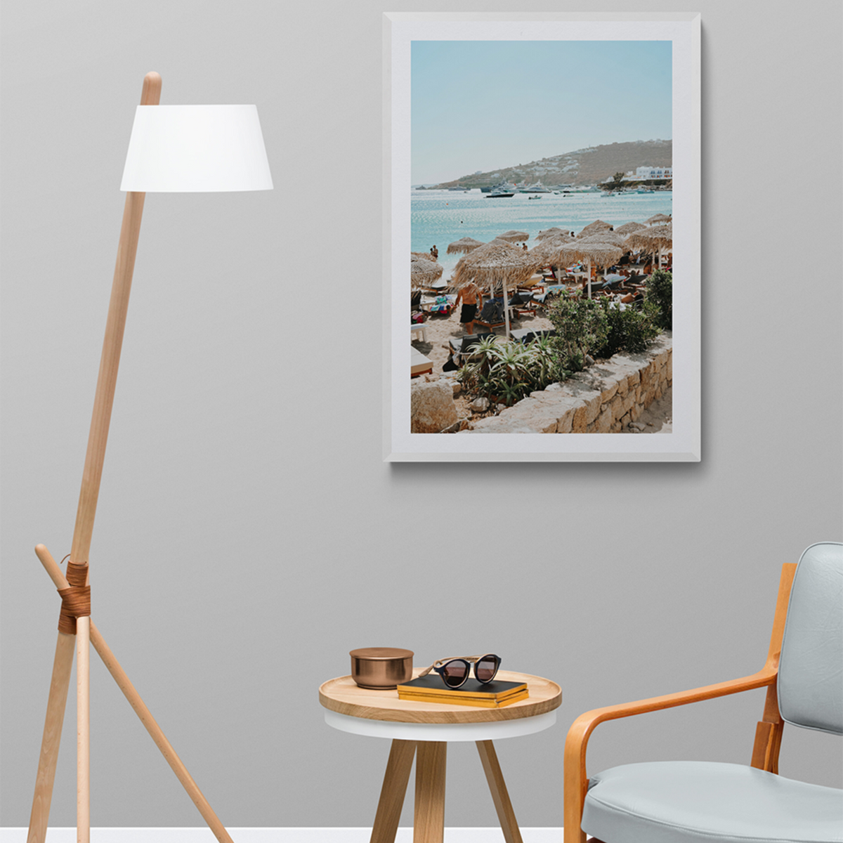Beachside Huts Mykonos Greek island wall art framed print styled in a room view 2