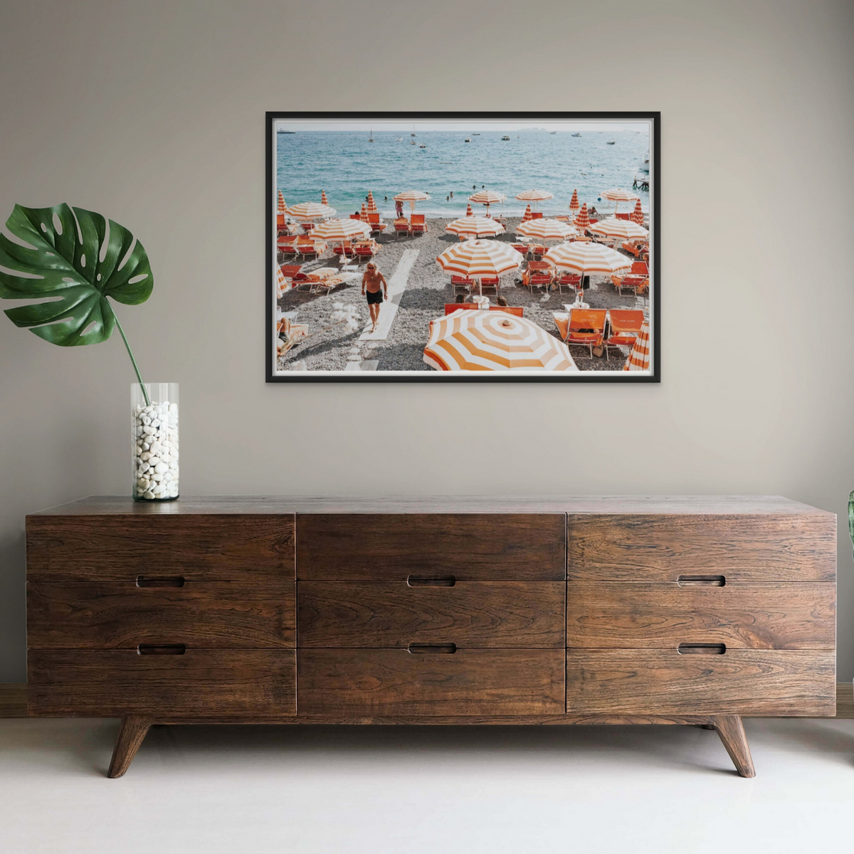Shoreline Strut Positano wall art framed print styled in a room