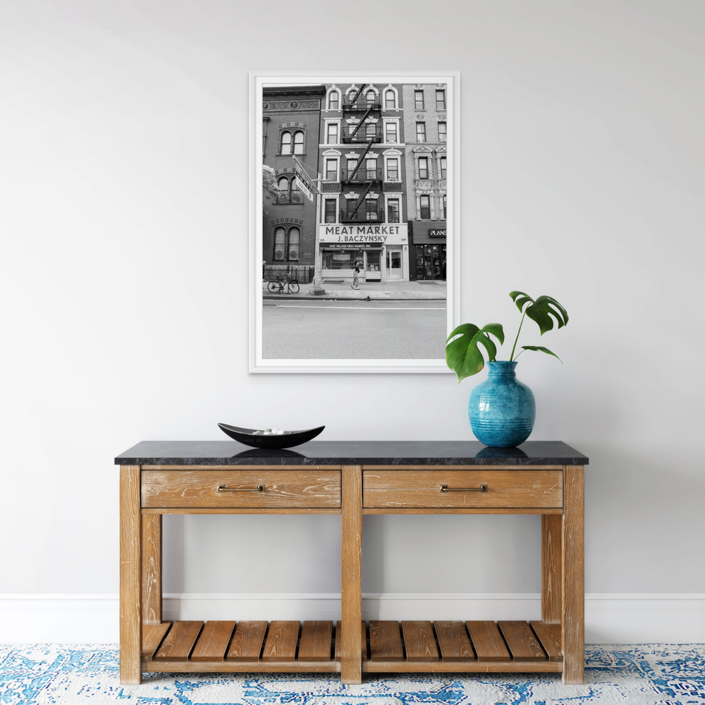 Vertical Village New York NYC Black & White wall art framed print styled in a room view 3
