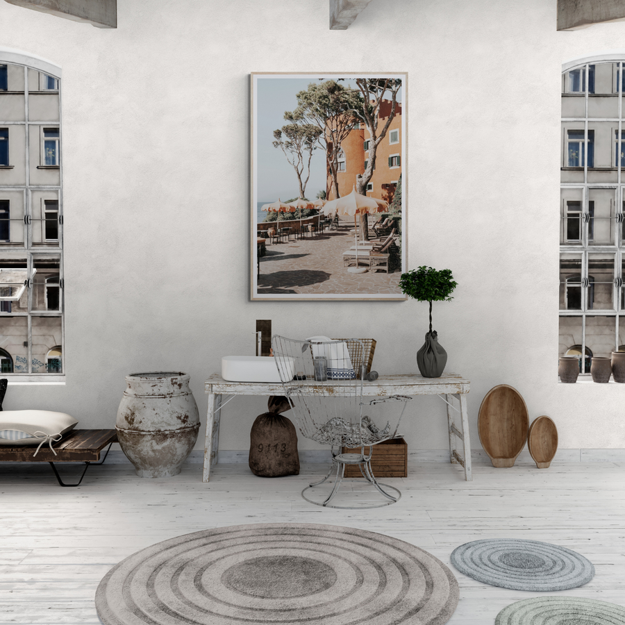 Mezzatorre Ischia Italian Mediterranean decor wall art framed print styled in a room