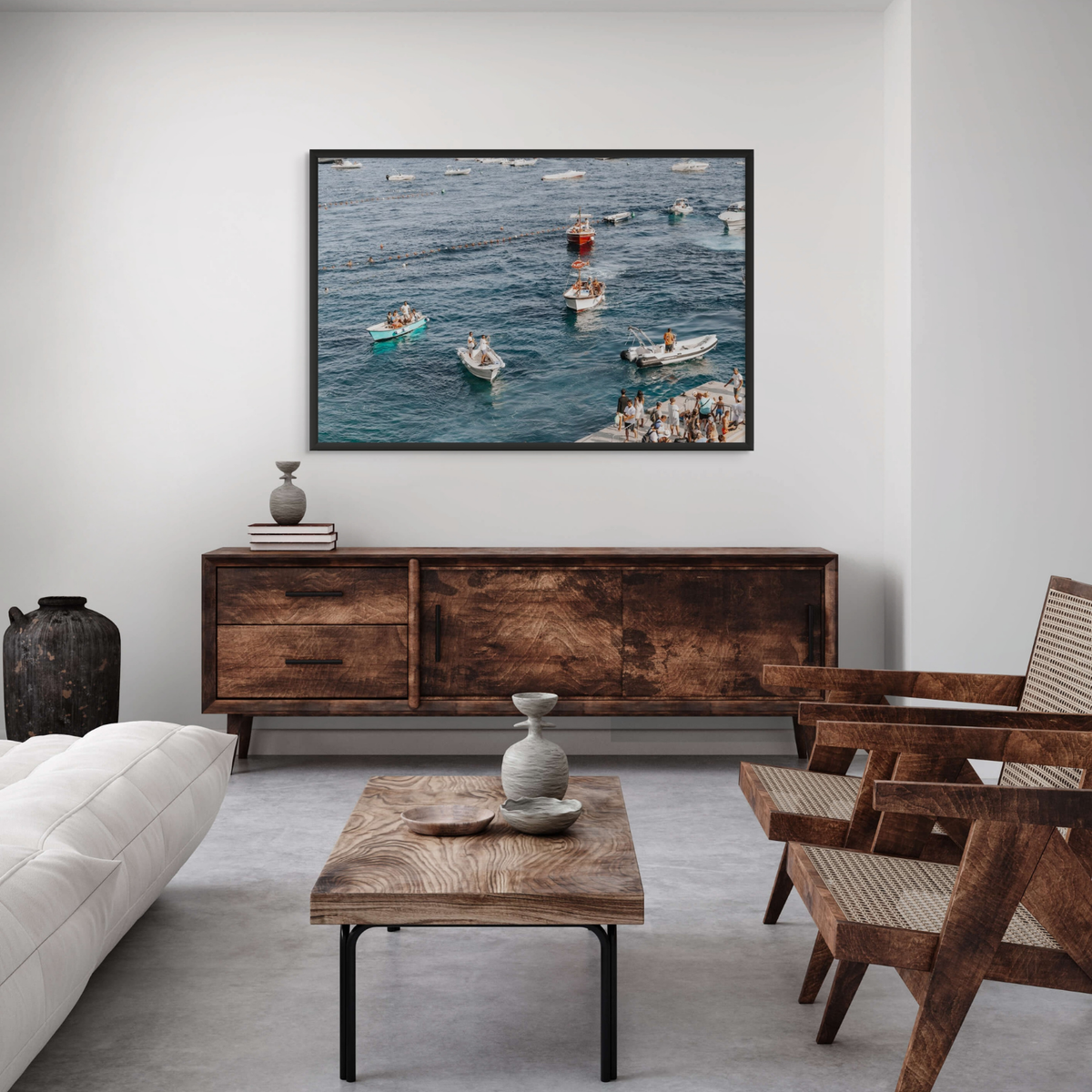 Nautical Parade Positano wall art framed print styled in a room
