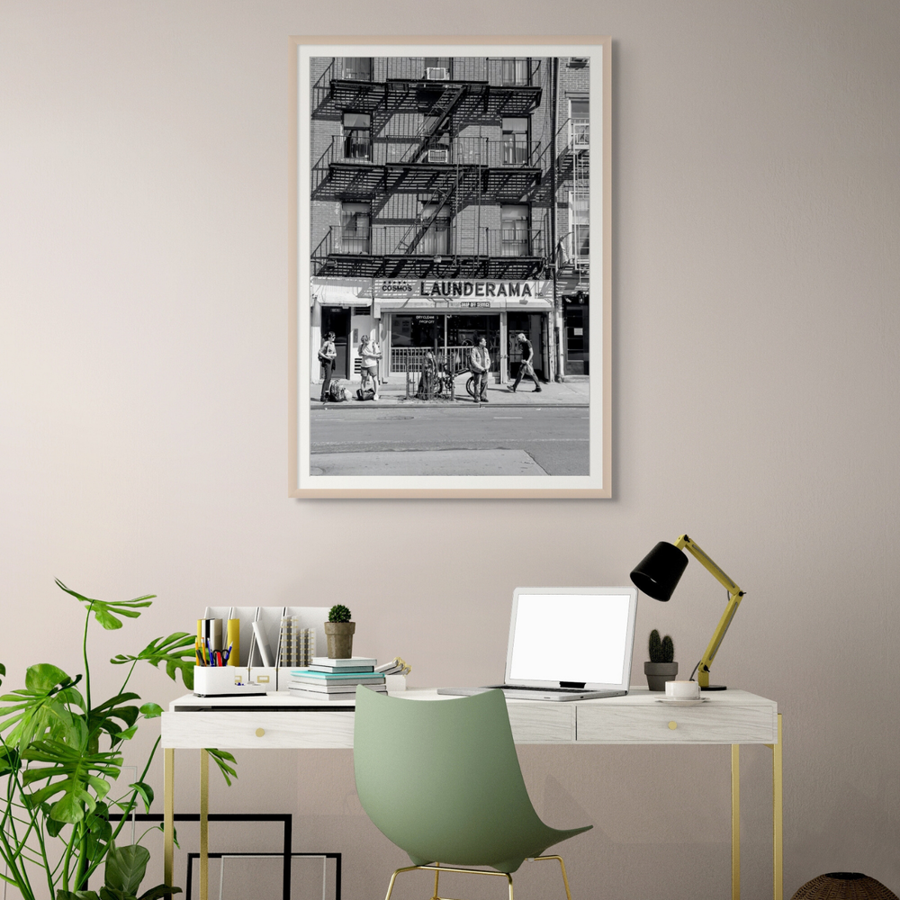 Bus Stop New York NYC Black & White wall art framed print styled in a room view 3
