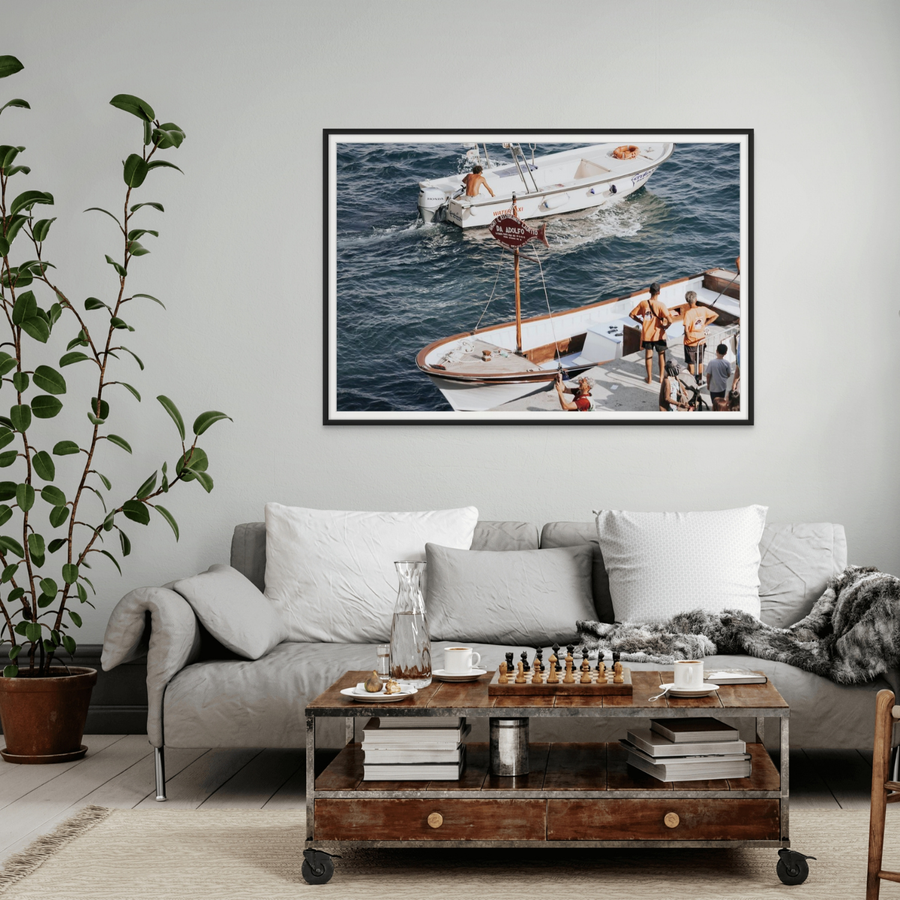 Water Taxi Positano wall art framed print styled in a room view 3
