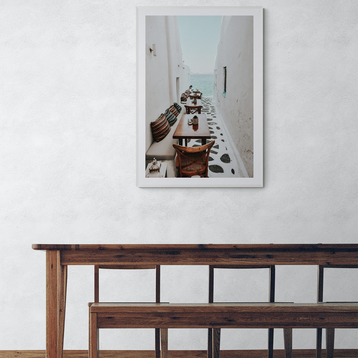 Trip Down Memory Lane Mykonos Greek island wall art framed print styled in a room view 3