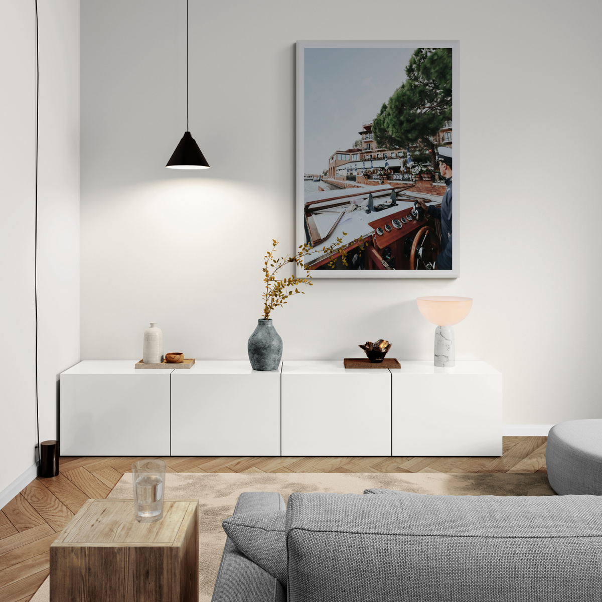 The Driver Venice Canal Italian wall art framed print styled in a room