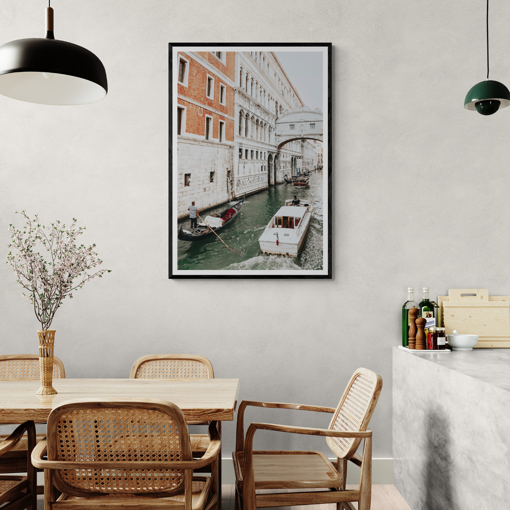 Under the Bridge Venice Gondola Italian wall art framed print styled in a room view 2