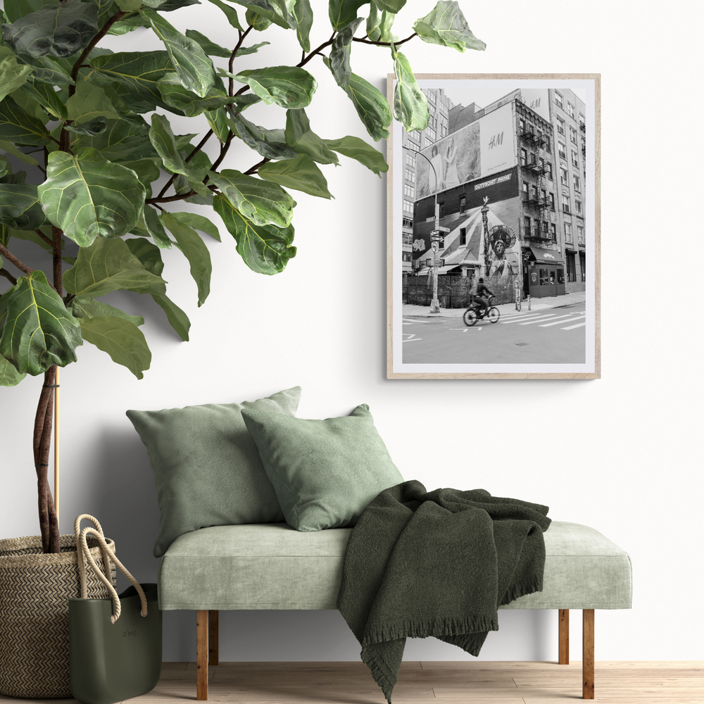 Shadows Of Liberty New York NYC Black & White wall art framed print styled in a room view 3