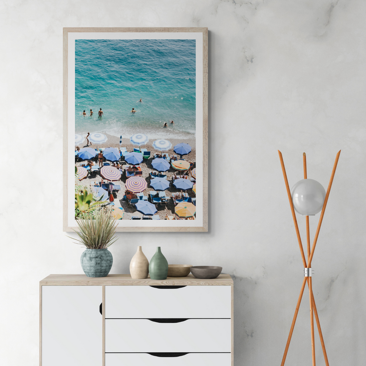 Paradise Beach Positano wall art framed print styled in a room view 2
