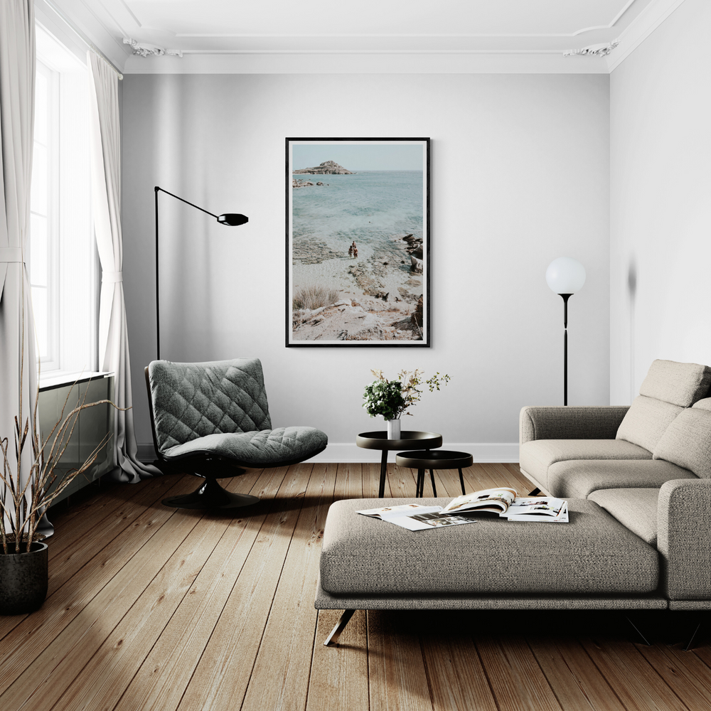 Island Life Mykonos coastal Greek island wall art framed print styled in a room view 2