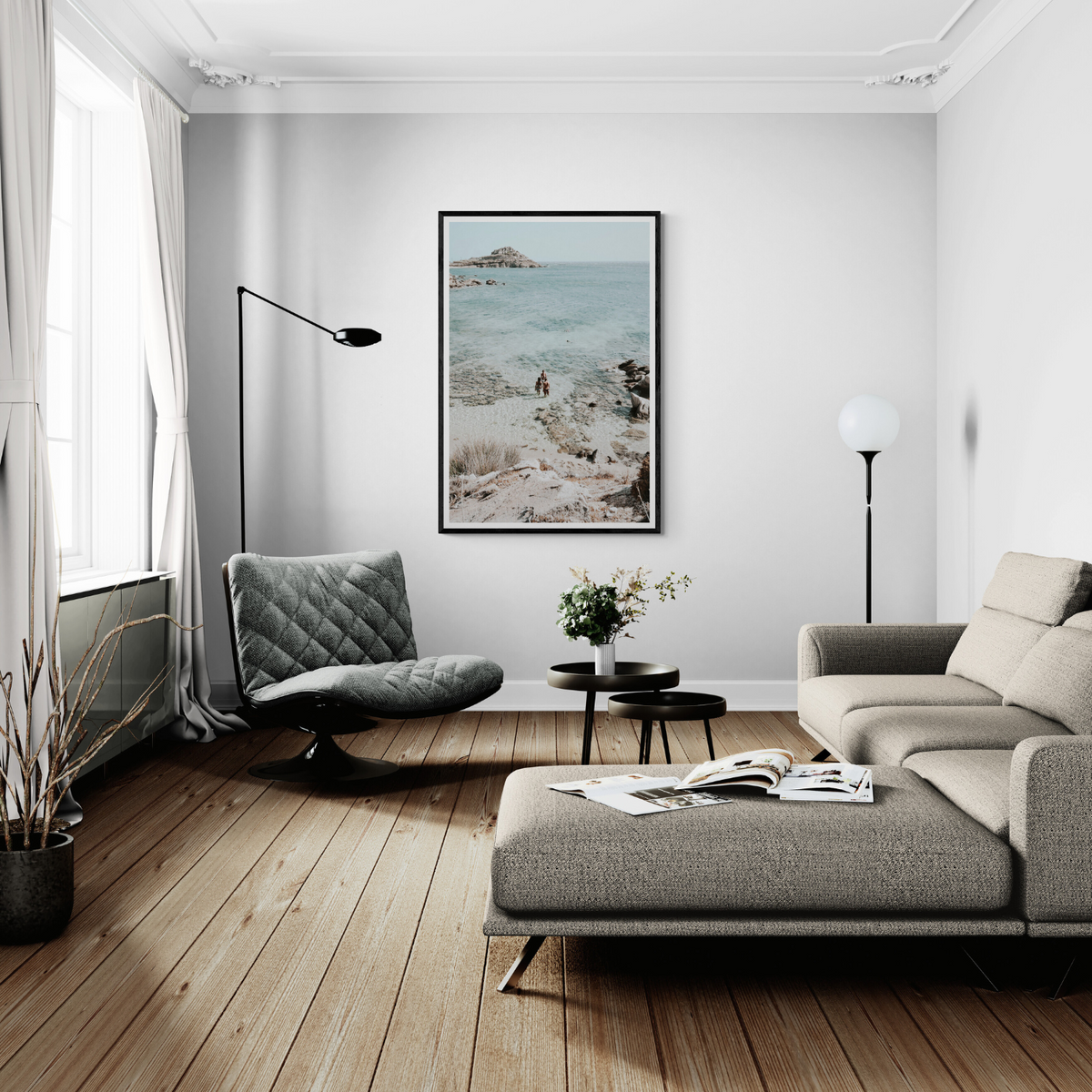 Island Life Mykonos coastal Greek island wall art framed print styled in a room view 2