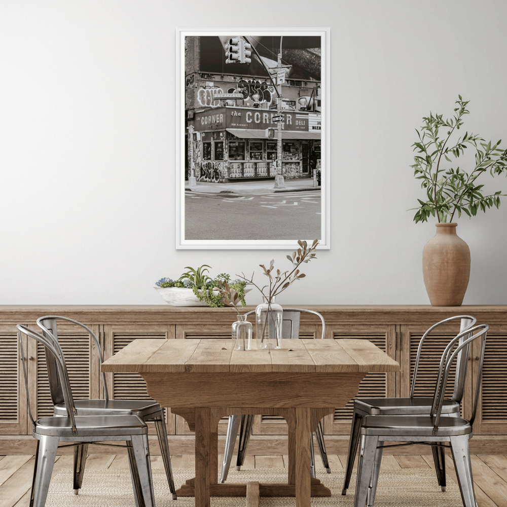Soho Deli New York NYC Black & White wall art framed print styled in a room view 3