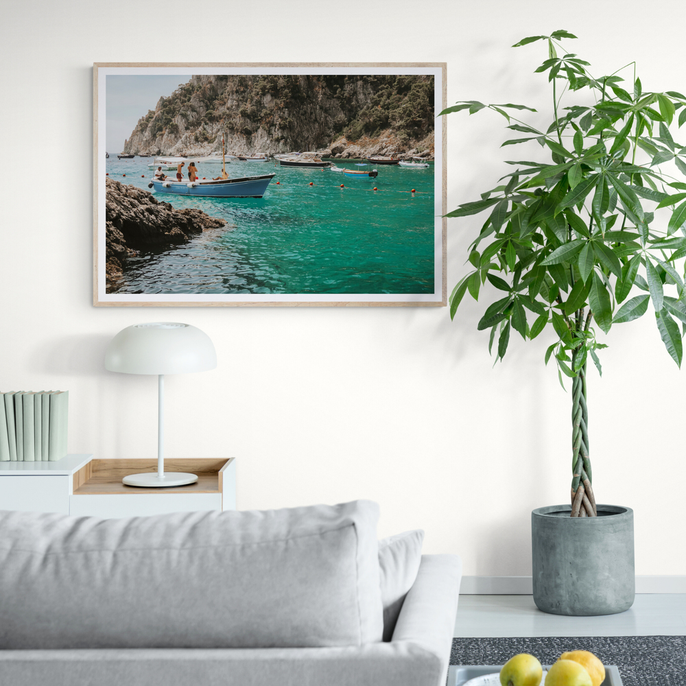 Cozy Cove Capri coastal Mediterranean wall art framed print styled in a room view 3