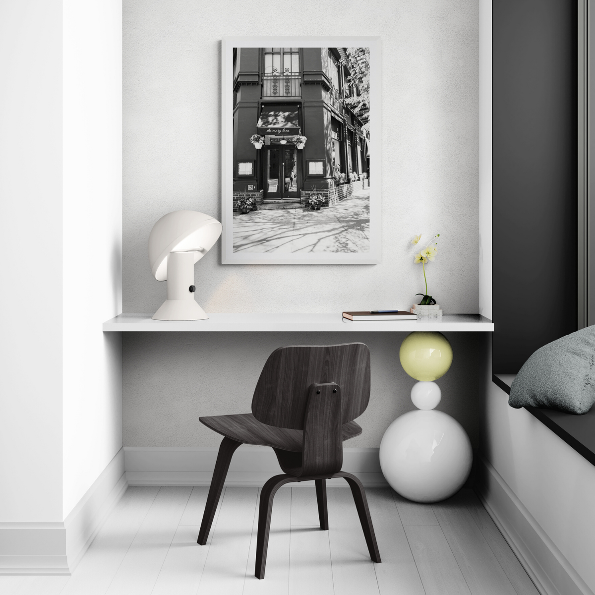 Mary's Corner New York NYC Black & White wall art framed print styled in a room