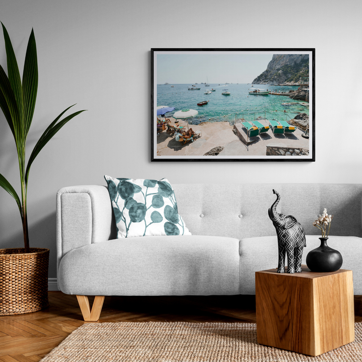 Save Me A Seat Capri Mediterranean wall art framed print styled in a room
