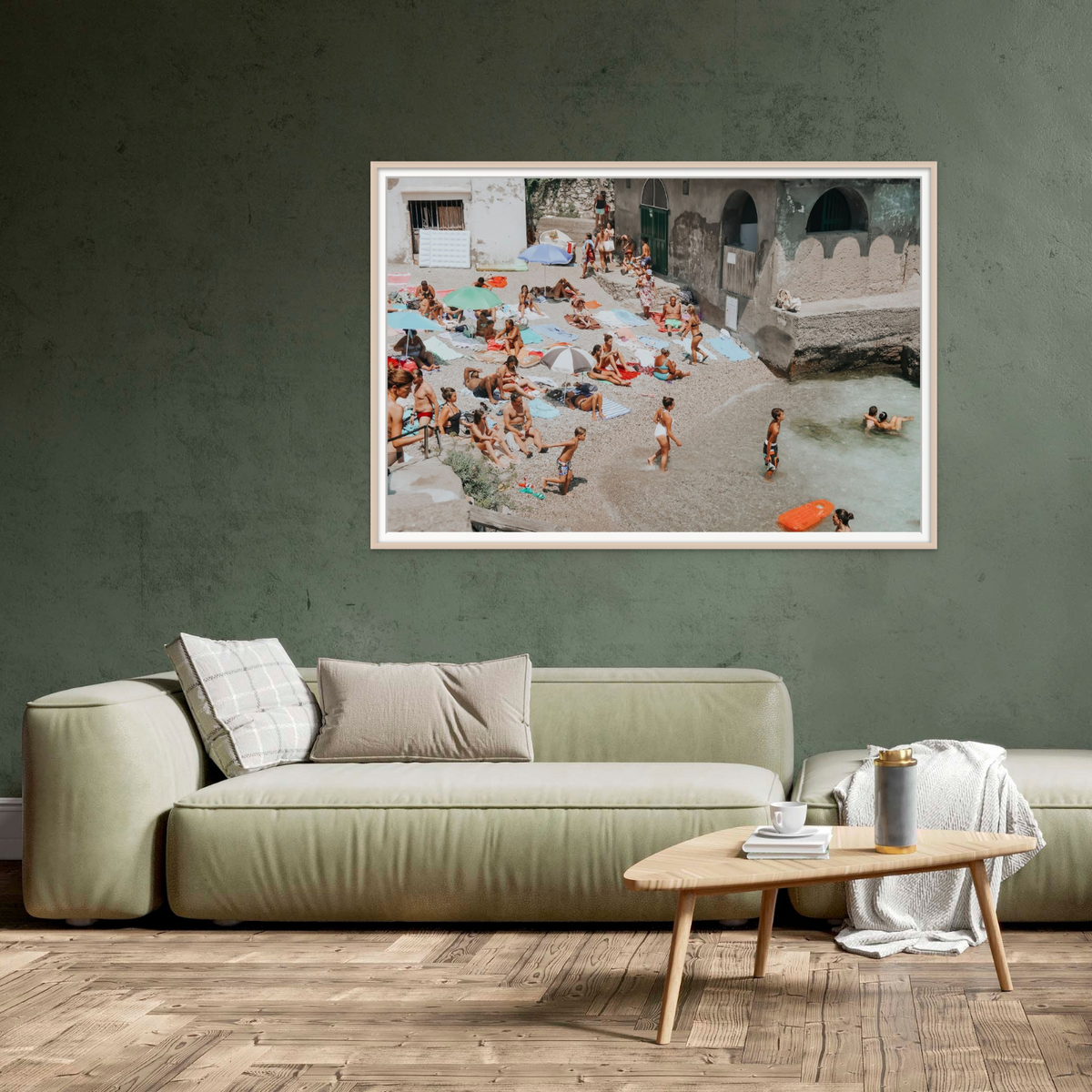Heatwave Capri beach coastal wall art framed print styled in a room