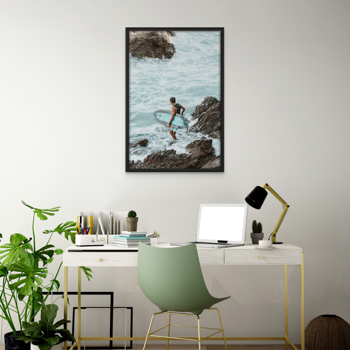 Into The Soup Byron Bay Surf coastal wall art framed print styled in a room