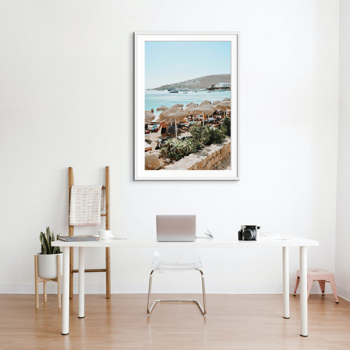 Beachside Huts Mykonos Greek island wall art styled in a room