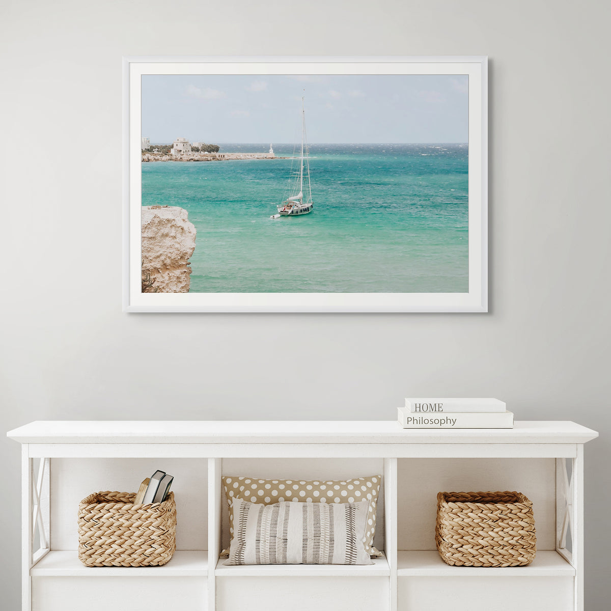 Adriatic Escape Puglia Italian coastal decor wall art black framed print styled in a room