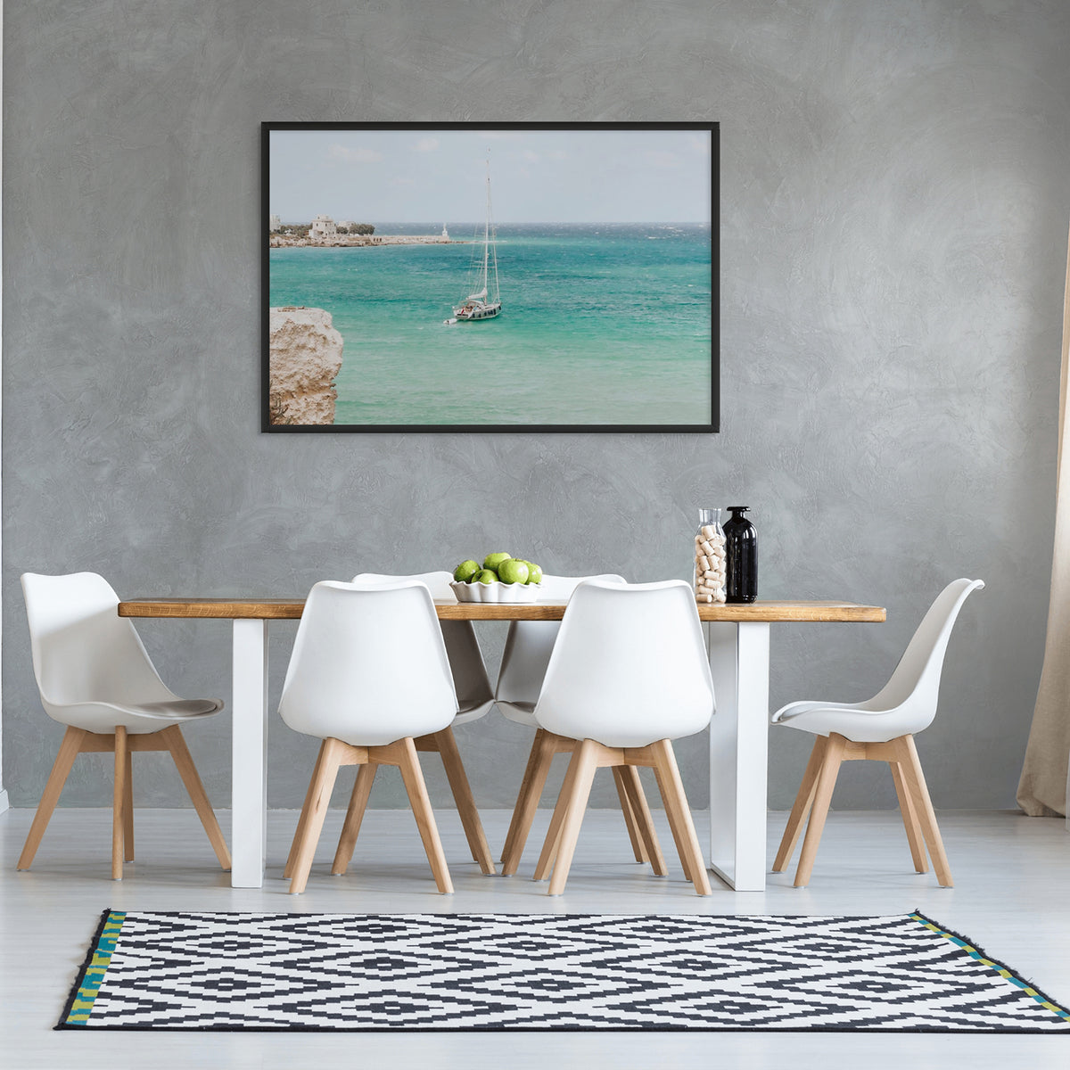 Adriatic Escape Puglia Italian coastal decor wall art black framed print styled in a room view 2