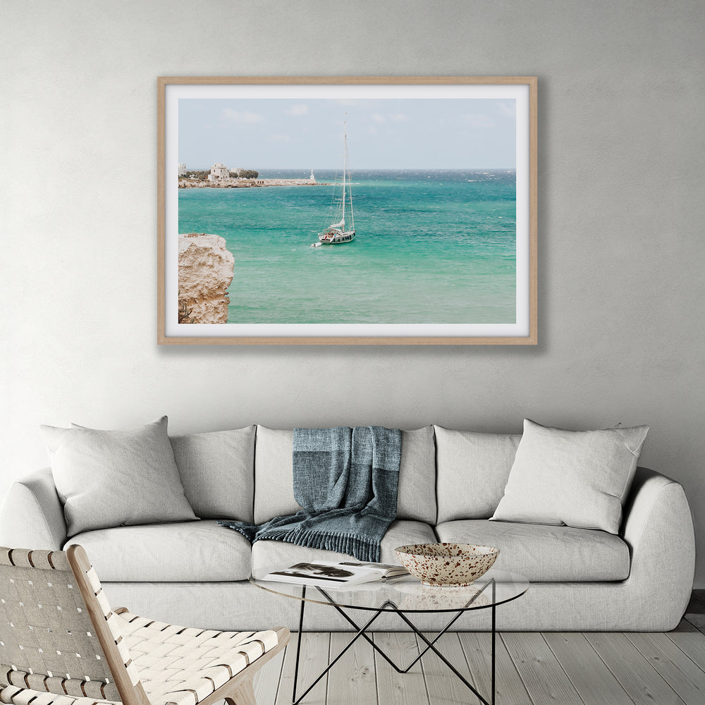 Adriatic Escape Puglia Italian coastal decor wall art natural oak framed print styled in a room