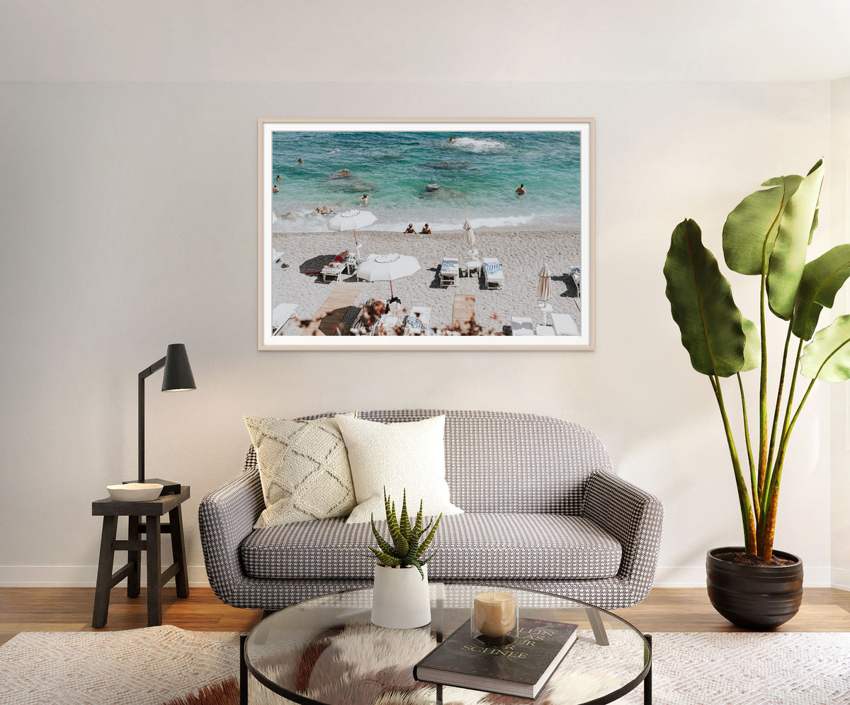 Amicizia Amalfi Italian beach wall art natural oak framed print styled in a room