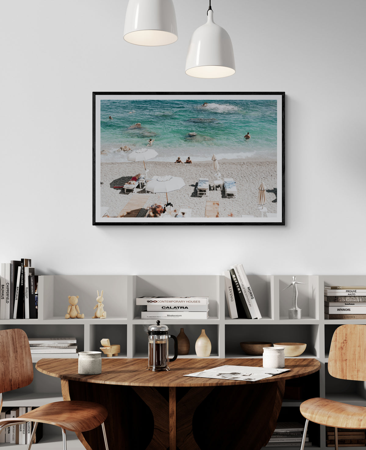 Amicizia Amalfi Italian beach wall art black framed print styled in a room