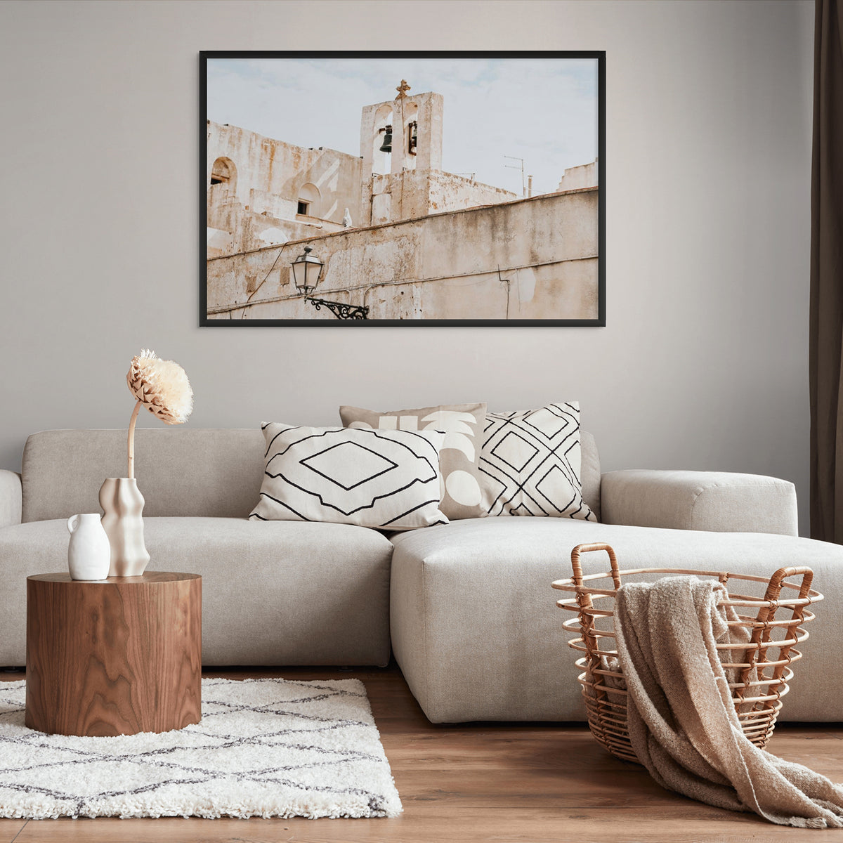 Ancient Bells Puglia Gallipoli Italian wall art black framed print styled in a room