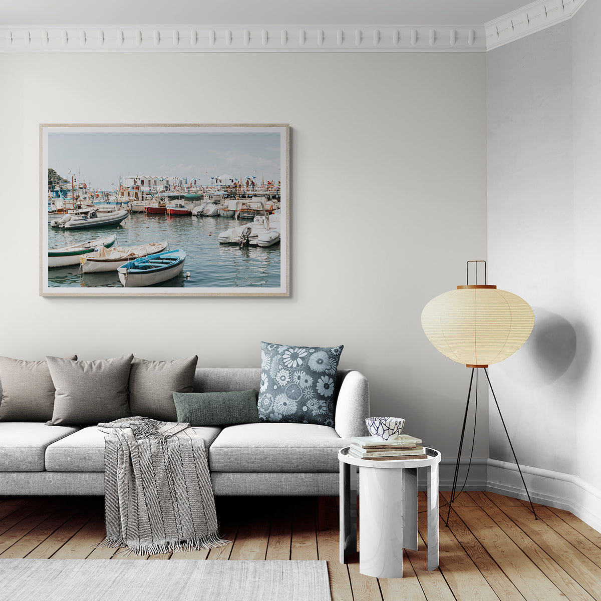 Antico Porto framed wall art print styled in a living room interior