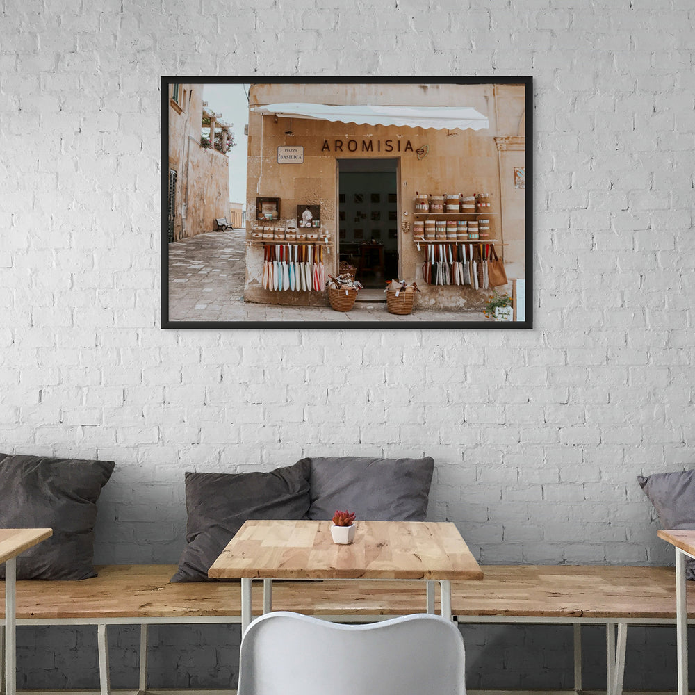 Aromisia Puglia Otranto Italian wall art black framed print styled in a room