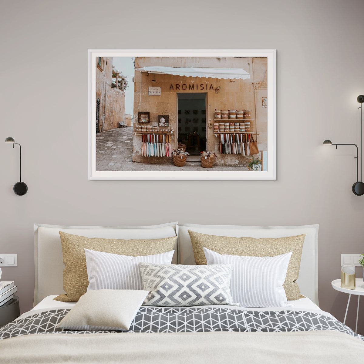 Aromisia Puglia Otranto Italian wall art white framed print styled in a room