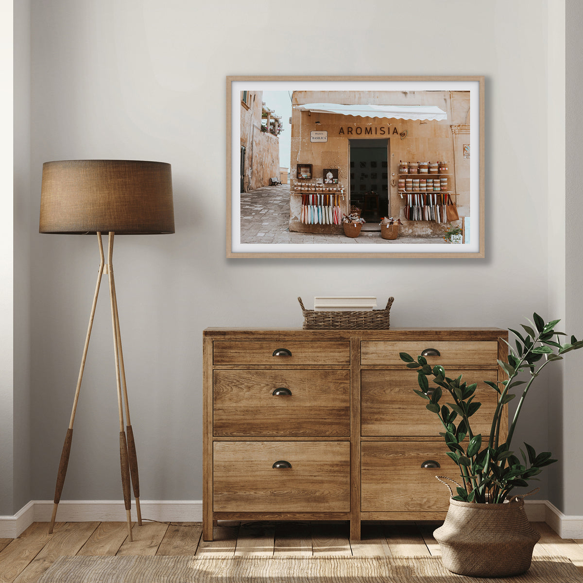 Aromisia Puglia Otranto Italian wall art natural oak framed print styled in a room
