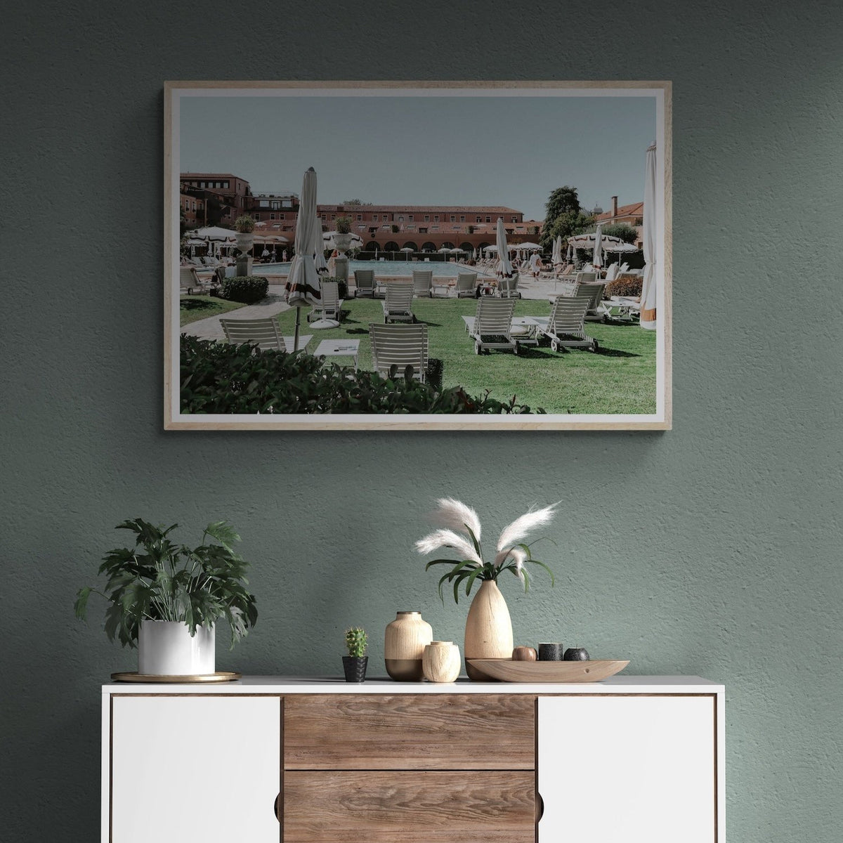 Arrigo Venice Italian wall art natural oak framed print styled in a room