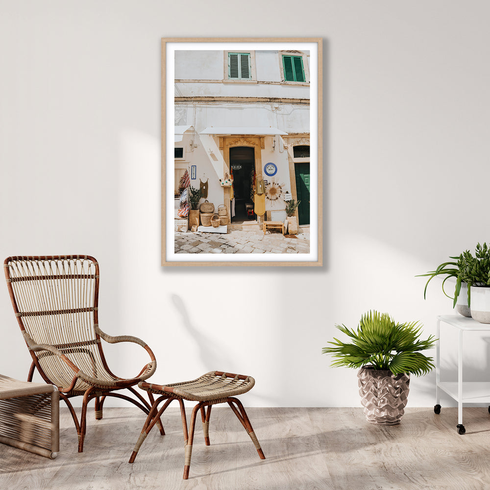 Artisan Ambience Puglia Italian wall art natural oak framed print styled in a room